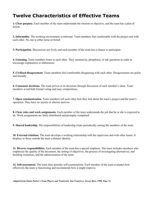 Twelve Characteristics of Effective Teams
1. Clear purpose. Each member of the team understands the mission or objective, and the team has a plan of
action.
2. Informality. The working environment is informal. Team members feel comfortable with the project and with
each other. No one is either tense or bored.
3. Participation. Discussions are lively and each member of the team has a chance to participate.
4. Listening. Team members listen to each other. They summarize, paraphrase, or ask questions in order to
encourage explanation or elaboration.
5. Civilized disagreement. Team members feel comfortable disagreeing with each other. Disagreements are polite
and friendly.
6. Consensus decisions. The team arrives at its decisions through discussion of each member’s ideas. Team
members avoid both formal voting and easy compromises.
7. Open communication. Team members tell each other how they feel about the team’s project and the team’s
operation. They have no secrets or ulterior motives.
8. Clear roles and work assignments. Each member of the team understands the job that he or she is expected to
do. Work assignments are fairly distributed and promptly completed.
9. Shared leadership. The responsibilities of leadership rotate periodically among the members of the team.
10. External relations. The team develops a working relationship with the supervisor and with other teams. It
displays to those outside the team a distinct identity.
11. Diverse responsibilities. Each member of the team has a special emphasis. The team includes members who
emphasize the quality of the document, the setting of objectives, the process of investigating alternatives, and
building consensus, and the administration of the team.
12. Self-assessment. The team does periodic self-examinations. Each member of the team evaluates how
effectively the team is functioning and recommends how it might improve.
Adapted from Glenn Parker’s Team Players and Teamwork. San Fransisco: Jossey-Bass, 1990. Page 33.
 