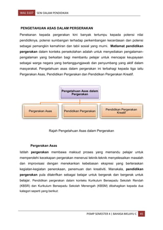 WAJ 3107 SENI DALAM PENDIDIKAN
PISMP SEMESTER 4 | BAHASA MELAYU C 45
PENGETAHUAN ASAS DALAM PERGERAKAN
Penekanan kepada pergerakan kini banyak tertumpu kepada potensi nilai
pendidiknya, potensi sumbangan terhadap perkembangan kecerdasan dan potensi
sebagai pemangkin kemahiran dan tabii sosial yang murni. Matlamat pendidikan
pergerakan dalam konteks persekolahan adalah untuk menyediakan pengalaman-
pengalaman yang berkaitan bagi membantu pelajar untuk mencapai keupayaan
sebagai warga negara yang bertanggungjawab dan penyumbang yang aktif dalam
masyarakat. Pengetahuan asas dalam pergerakan ini terbahagi kepada tiga iaitu
Pergerakan Asas, Pendidikan Pergerakan dan Pendidikan Pergerakan Kreatif.
Rajah Pengetahuan Asas dalam Pergerakan
Pergerakan Asas
Istilah pergerakan membawa maksud proses yang memandu pelajar untuk
memperolehi kecekapan pergerakan menerusi teknik-teknik menyelesaikan masalah
dan improvisasi dengan menekankan kebebasan ekspresi yang berteraskan
kegiatan-kegiatan penerokaan, penemuan dan kreativiti. Manakala, pendidikan
pergerakan pula ditakrifkan sebagai belajar untuk bergerak dan bergerak untuk
belajar. Pendidikan pergerakan dalam konteks Kurikulum Bersepadu Sekolah Rendah
(KBSR) dan Kurikulum Bersepadu Sekolah Menengah (KBSM) dibahagikan kepada dua
kategori seperti yang berikut:
Pengetahuan Asas dalam
Pergerakan
Pergerakan Asas Pendidikan Pergerakan
Pendidikan Pergerakan
Kreatif
 