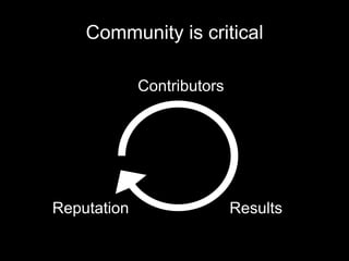 Community is critical

             Contributors




Reputation                  Results
 