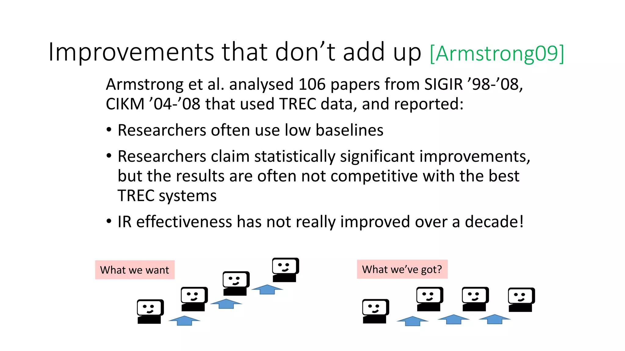 Improvements that don’t add up [Armstrong09]
Armstrong et al. analysed 106 papers from SIGIR ’98-’08,
CIKM ’04-’08 that used TREC data, and reported:
• Researchers often use low baselines
• Researchers claim statistically significant improvements,
but the results are often not competitive with the best
TREC systems
• IR effectiveness has not really improved over a decade!
What we want What we’ve got?
 
