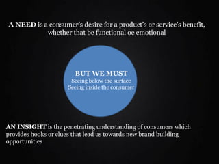 A NEED is a consumer’s desire for a product’s or service’s benefit,
whether that be functional oe emotional
AN INSIGHT is the penetrating understanding of consumers which
provides hooks or clues that lead us towards new brand building
opportunities
BUT WE MUST
Seeing below the surface
Seeing inside the consumer
 
