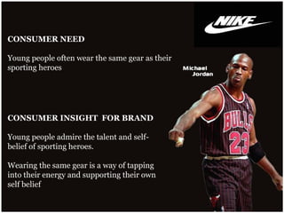 CONSUMER NEED
Young people often wear the same gear as their
sporting heroes
CONSUMER INSIGHT FOR BRAND
Young people admire the talent and self-
belief of sporting heroes.
Wearing the same gear is a way of tapping
into their energy and supporting their own
self belief
 