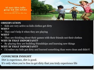 OBSERVATION
• Kids are very active so kids clothes get dirty
WHY?
• They can’t help it when they are playing
WHY?
• They are thinking about their games with their friends not their clothes
WHY IS THAT IMPORTANT?
• By playing they are building friendships and learning new things
WHY IS THAT IMPORTANT?
• I’d rather my kids got dirty and learned something than were clean and didn’t!
CONSUMER INSIGHT
Dirt is experience, dirt is good.
It’s only when you’re free to get dirty that you truly experience life
 