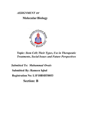 ASSIGNMENT OF
MolecularBiology
Topic: Stem Cell; Their Types, Use in Therapeutic
Treatments, Social Issues and Future Perspectives
Submitted To: Muhammad Owais
Submitted By: Rameen Iqbal
Registration No: L1F18BSBT0053
Section: B
 