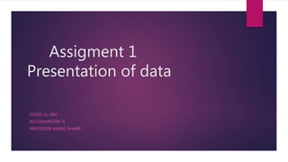 Assigment 1
Presentation of data
NOOR-UL-AIN
BSCS(SAMESTER 2)
PROFESSOR AWAIS SHAKIR
 