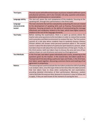 4
Text types The test countswithdifferenttexttypesaspicturesrelatedtodifferent sports
and physical activities, and it also includes role play, question and answer,
description and discussion or conversation.
Language ability This test will assess the oral competence of the students, focusing on the
speaking skill, through their performance in the three tasks.
Language
elementstobe
tested
The main elements that will be evaluated by conducting this test are related
to the development of speaking skills such as Fluency, Pronunciation and
Grammar, focusing primarily on the ability of communicating the message
effectively and vocabulary related to the topic, which have higher scores in
relation to the rest of the language elements.
Test Tasks Before starting the examination, there is a warm up activity where the
teacheraskssome questionstothe testtakersinorder to reduce theiranxiety
and to provide aconfidentenvironment to conduct the test. The first section
consists of a role play where students have to randomly choose a famous
Chilean athlete and answer some personal questions about it. The second
sectionisaboutthe descriptionof aparticularsport basedona picture,where
testtakershave to talk aboutthe maincharacteristics of that sport. Finally, in
the third section, both test takers have to discuss the pros and cons of two
options shown on a set of pictures and come to a final agreement.
Test Methods In the first task, test takers speak individually and in turns, answering to the
questions given by the teacher. In the second task, test takers speak for a
fixedperiodof time describing a particular topic and finally, in the third task,
test takers speak together, discussing a common theme and reaching a final
agreement is compulsory.
Rubrics The assessingtool usedtoevaluate the testtakersproductive skill of speaking
isan analyticrubric,since thistype of device bestdescribesthe ideal outcome
that test takers have to show when conducting the oral examination,
providing detailed information of their performance. Moreover, analytic
rubricsfacilitate the assessorduty,because its structure is easy to follow and
to apply, if they are well known at the moment of scoring the test.
 