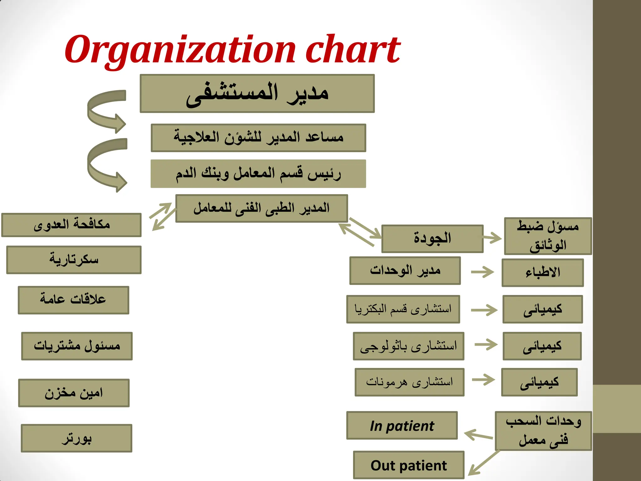 Organization chart
‫المستشفى‬ ‫مدير‬
‫العالجية‬ ‫للشؤن‬ ‫المدير‬ ‫مساعد‬
‫الدم‬ ‫وبنك‬ ‫المعامل‬ ‫قسم‬ ‫رئيس‬
‫للمعامل‬ ‫الفنى‬ ‫الطبى‬ ‫المدير‬
‫العدوى‬ ‫مكافحة‬ ‫ضبط‬ ‫مسؤل‬
‫الوثائق‬
‫الجودة‬
‫سكرتارية‬
‫ه‬
‫الوحدات‬ ‫مدير‬
‫البكتريا‬ ‫قسم‬ ‫استشارى‬
‫باثولوجى‬ ‫استشارى‬
‫هرمونات‬ ‫استشارى‬
‫االطباء‬
‫كيميائى‬
‫السحب‬ ‫وحدات‬
‫معمل‬ ‫فنى‬
‫كيميائى‬
‫كيميائى‬
Out patient
In patient
‫عامة‬ ‫عالقات‬
‫مشتريات‬ ‫مسئول‬
‫مخزن‬ ‫امين‬
‫بورتر‬
 