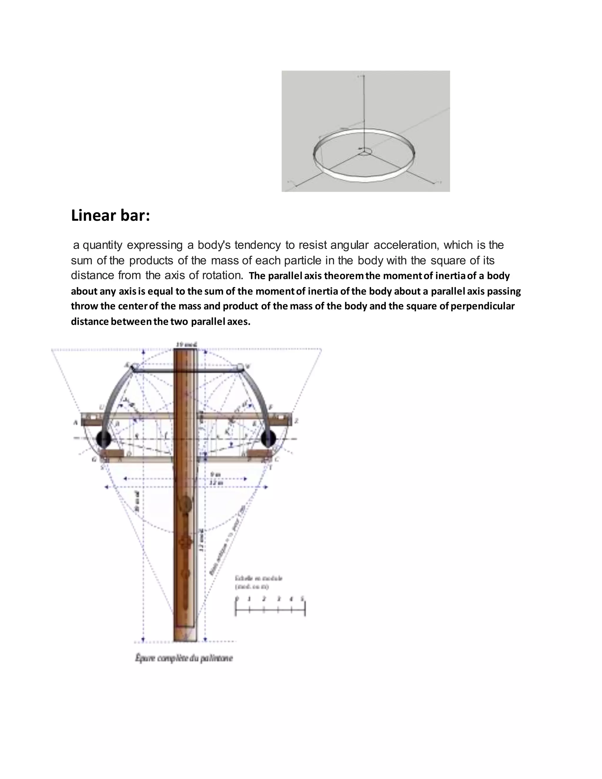 Linear bar:
a quantity expressing a body's tendency to resist angular acceleration, which is the
sum of the products of the mass of each particle in the body with the square of its
distance from the axis of rotation. The parallel axis theoremthe momentof inertiaof a body
about any axisis equal to the sum of the momentof inertia ofthe body about a parallel axis passing
throw the centerof the mass and product of the mass of the body and the square ofperpendicular
distance betweenthe two parallel axes.
 