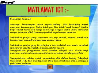 Matlamat Sekolah

Mencapai kemenangan dalam segala bidang. Bila bertanding mesti
mencapai kemenangan. Kalau kalah pun biar kalah ”anak jantan”. Usaha
bagi tempat kedua dan ketiga sama juga dengan usaha untuk mencapai
tempat pertama. Oleh itu mengapa tidak capai tempat pertama.

Melahirkan pelajar yang sempurna dari segi intelek, rohani, emosi dan
jasmani agar menjadi warganegara yang berguna.

Melahirkan pelajar yang berkeinginan dan berkebolehan untuk memberi
sumbangan kepada sekolah, masyarakat dan negara.
Menggalakkan penggunaan pusat sumber sebagai satu sistem bagi
mencapai matlamat membina tabiat suka membaca di kalangan pelajar.

Menggalakkan pelajar untuk memajukan diri dalam bidang Teknologi
Maklumat (ICT) bagi mendapatkan ilmu dan kemahiran untuk kemajuan
pada masa hadapan.
 