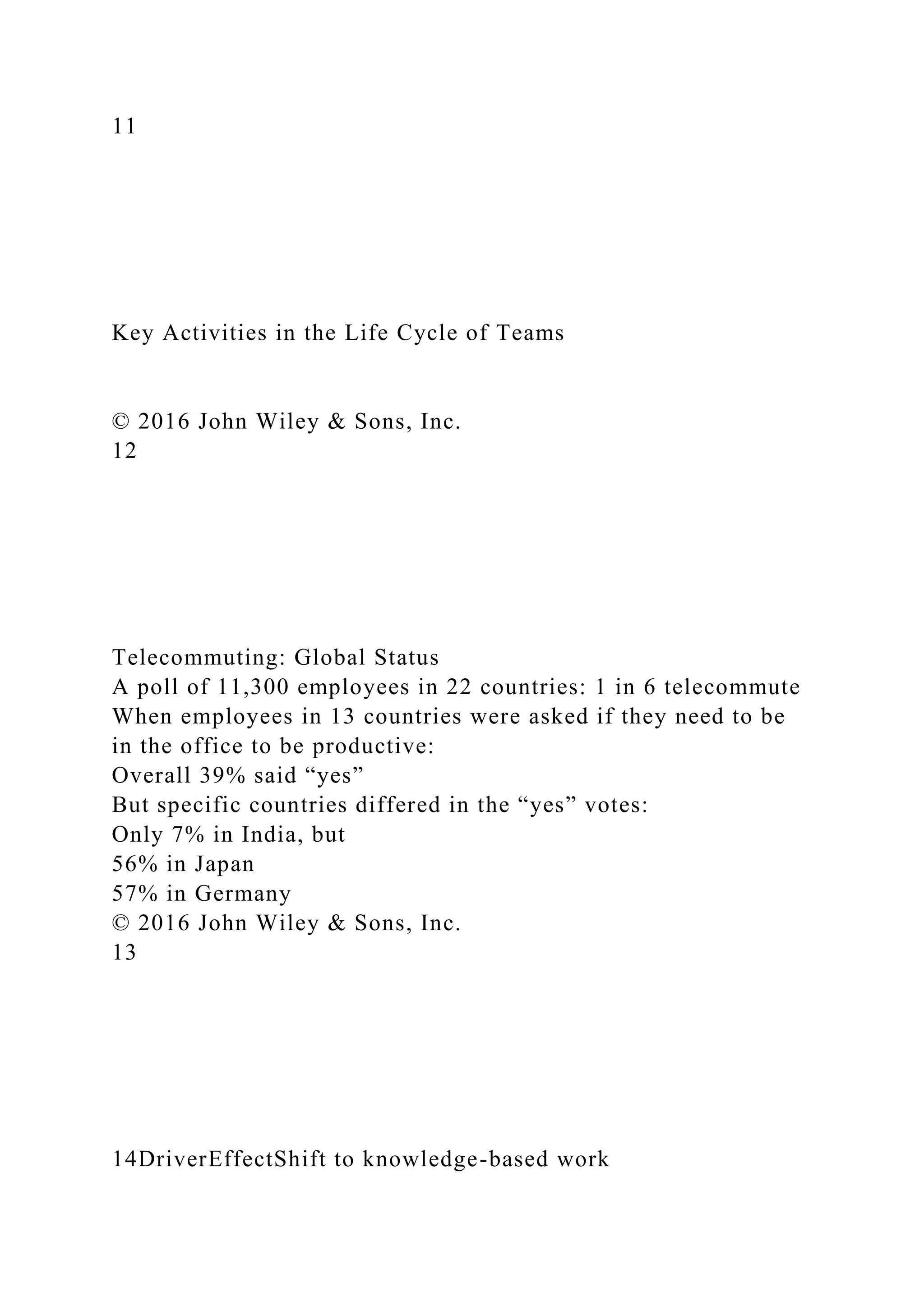11
Key Activities in the Life Cycle of Teams
© 2016 John Wiley & Sons, Inc.
12
Telecommuting: Global Status
A poll of 11,300 employees in 22 countries: 1 in 6 telecommute
When employees in 13 countries were asked if they need to be
in the office to be productive:
Overall 39% said “yes”
But specific countries differed in the “yes” votes:
Only 7% in India, but
56% in Japan
57% in Germany
© 2016 John Wiley & Sons, Inc.
13
14DriverEffectShift to knowledge-based work
 