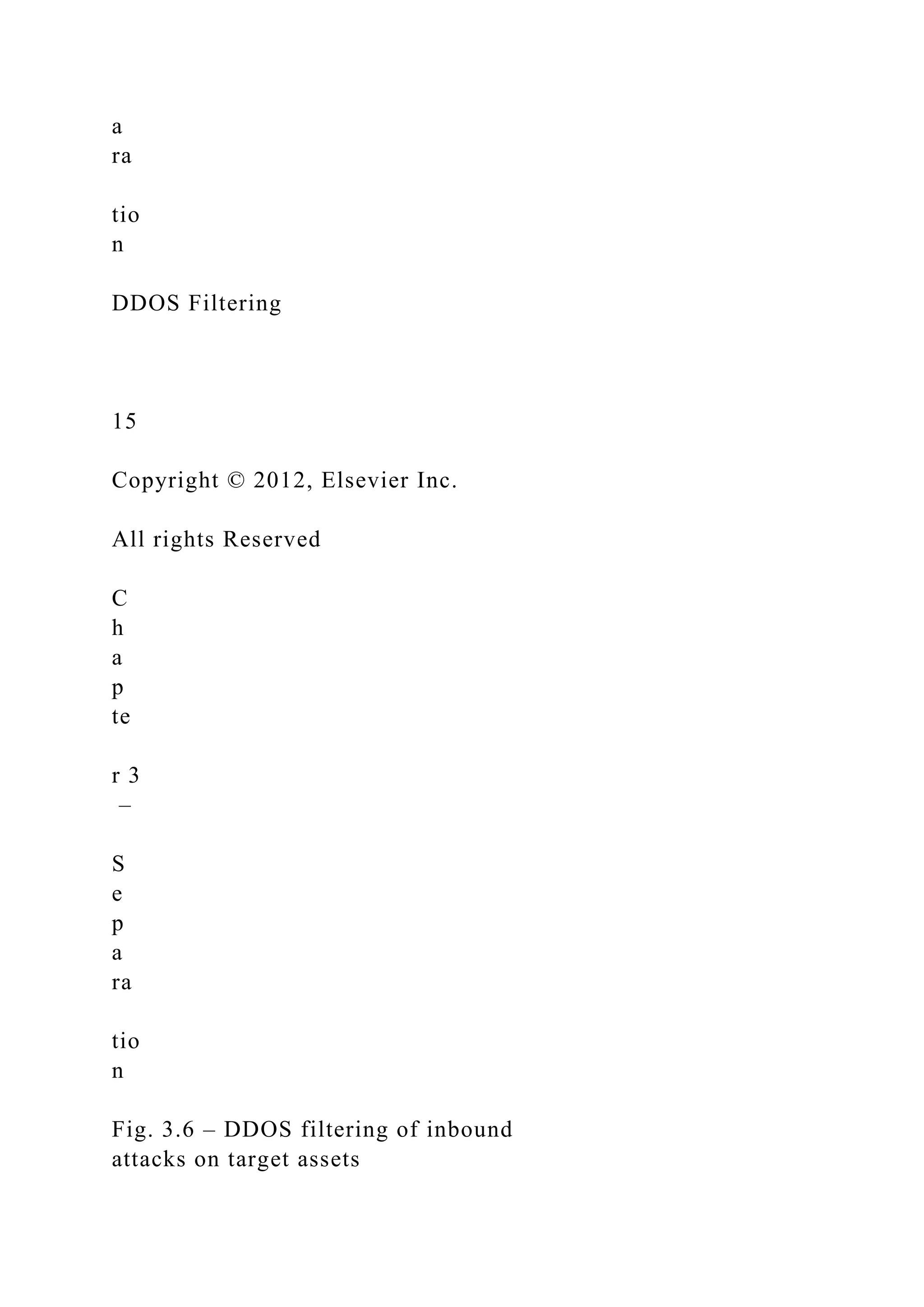 a
ra
tio
n
DDOS Filtering
15
Copyright © 2012, Elsevier Inc.
All rights Reserved
C
h
a
p
te
r 3
–
S
e
p
a
ra
tio
n
Fig. 3.6 – DDOS filtering of inbound
attacks on target assets
 