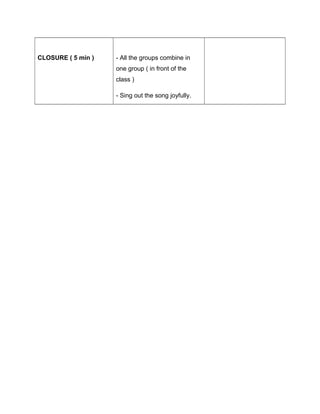 CLOSURE ( 5 min ) - All the groups combine in
one group ( in front of the
class )
- Sing out the song joyfully.
 