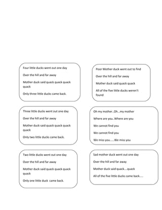 B) PICTURES ( MASKS, PROPS )
Four little ducks went out one day
Over the hill and far away
Mother duck said quack quack quack
quack
Only three little ducks came back.
Poor Mother duck went out to find
Over the hill and far away
Mother duck said quack quack
All of the five little ducks weren’t
found
Three little ducks went out one day
Over the hill and far away
Mother duck said quack quack quack
quack
Only two little ducks came back.
Oh my mother..Oh…my mother
Where are you..Where are you
We cannot find you
We cannot find you
We miss you……We miss you
Two little ducks went out one day
Over the hill and far away
Mother duck said quack quack quack
quack
Only one little duck came back.
Sad mother duck went out one day
Over the hill and far away
Mother duck said quack….quack
All of the five little ducks came back…..
 