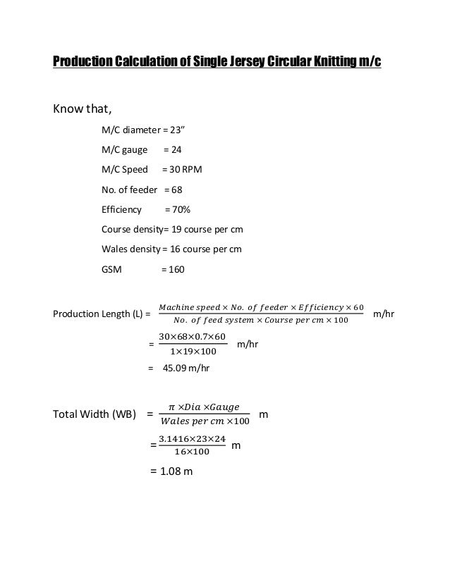 Production Calculation of Single Jersey Circular Knitting m/c