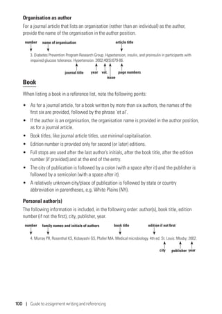 100 | Guide to assignment writing and referencing
Organisation as author
For a journal article that lists an organisation (rather than an individual) as the author,
provide the name of the organisation in the author position.
3. Diabetes Prevention Program Research Group. Hypertension, insulin, and proinsulin in participants with
impaired glucose tolerance. Hypertension. 2002;40(5):679-86.
Book
When listing a book in a reference list, note the following points:
•	 As for a journal article, for a book written by more than six authors, the names of the
first six are provided, followed by the phrase ‘et al’.
•	 If the author is an organisation, the organisation name is provided in the author position,
as for a journal article.
•	 Book titles, like journal article titles, use minimal capitalisation.
•	 Edition number is provided only for second (or later) editions.
•	 Full stops are used after the last author’s initials, after the book title, after the edition
number (if provided) and at the end of the entry.
•	 The city of publication is followed by a colon (with a space after it) and the publisher is
followed by a semicolon (with a space after it).
•	 A relatively unknown city/place of publication is followed by state or country
abbreviation in parentheses, e.g. White Plains (NY).
Personal author(s)
The following information is included, in the following order: author(s), book title, edition
number (if not the first), city, publisher, year.
4. Murray PR, Rosenthal KS, Kobayashi GS, Pfaller MA. Medical microbiology. 4th ed. St. Louis: Mosby; 2002.
name of organisationnumber article title
year vol.
issue
page numbersjournal title
family names and initials of authorsnumber book title edition if not first
yearcity publisher
 