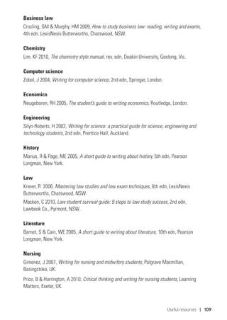 Useful resources | 109
Business law
Crosling, GM  Murphy, HM 2009, How to study business law: reading, writing and exams,
4th edn, LexisNexis Butterworths, Chatswood, NSW.
Chemistry
Lim, KF 2010, The chemistry style manual, rev. edn, Deakin University, Geelong, Vic.
Computer science
Zobel, J 2004, Writing for computer science, 2nd edn, Springer, London.
Economics
Neugeboren, RH 2005, The student’s guide to writing economics, Routledge, London.
Engineering
Silyn-Roberts, H 2002, Writing for science: a practical guide for science, engineering and
technology students, 2nd edn, Prentice Hall, Auckland.
History
Marius, R  Page, ME 2005, A short guide to writing about history, 5th edn, Pearson
Longman, New York.
Law
Krever, R 2006, Mastering law studies and law exam techniques, 6th edn, LexisNexis
Butterworths, Chatswood, NSW.
Macken, C 2010, Law student survival guide: 9 steps to law study success, 2nd edn,
Lawbook Co., Pyrmont, NSW.
Literature
Barnet, S  Cain, WE 2005, A short guide to writing about literature, 10th edn, Pearson
Longman, New York.
Nursing
Gimenez, J 2007, Writing for nursing and midwifery students, Palgrave Macmillan,
Basingstoke, UK.
Price, B  Harrington, A 2010, Critical thinking and writing for nursing students, Learning
Matters, Exeter, UK.
 