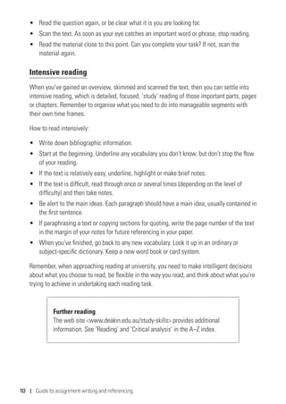 10 | Guide to assignment writing and referencing
•	 Read the question again, or be clear what it is you are looking for.
•	 Scan the text. As soon as your eye catches an important word or phrase, stop reading.
•	 Read the material close to this point. Can you complete your task? If not, scan the
material again.
Intensive reading
When you’ve gained an overview, skimmed and scanned the text, then you can settle into
intensive reading, which is detailed, focused, ‘study’ reading of those important parts, pages
or chapters. Remember to organise what you need to do into manageable segments with
their own time frames.
How to read intensively:
•	 Write down bibliographic information.
•	 Start at the beginning. Underline any vocabulary you don’t know, but don’t stop the flow
of your reading.
•	 If the text is relatively easy, underline, highlight or make brief notes.
•	 If the text is difficult, read through once or several times (depending on the level of
difficulty) and then take notes.
•	 Be alert to the main ideas. Each paragraph should have a main idea, usually contained in
the first sentence.
•	 If paraphrasing a text or copying sections for quoting, write the page number of the text
in the margin of your notes for future referencing in your paper.
•	 When you’ve finished, go back to any new vocabulary. Look it up in an ordinary or
subject-specific dictionary. Keep a new word book or card system.
Remember, when approaching reading at university, you need to make intelligent decisions
about what you choose to read, be flexible in the way you read, and think about what you’re
trying to achieve in undertaking each reading task.
Further reading
The web site <www.deakin.edu.au/study-skills> provides additional
information. See ‘Reading’ and ‘Critical analysis’ in the A–Z index.
 
