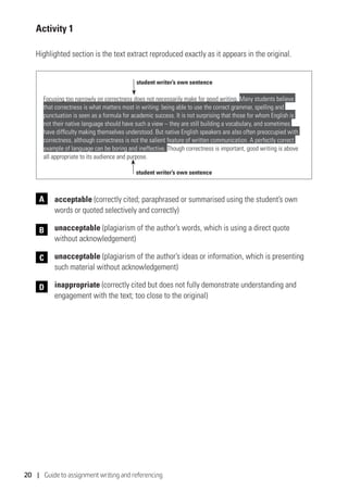 20 | Guide to assignment writing and referencing
Activity 1
Highlighted section is the text extract reproduced exactly as it appears in the original.
Focusing too narrowly on correctness does not necessarily make for good writing. Many students believe
that correctness is what matters most in writing: being able to use the correct grammar, spelling and
punctuation is seen as a formula for academic success. It is not surprising that those for whom English is
not their native language should have such a view – they are still building a vocabulary, and sometimes
have difficulty making themselves understood. But native English speakers are also often preoccupied with
correctness, although correctness is not the salient feature of written communication. A perfectly correct
example of language can be boring and ineffective. Though correctness is important, good writing is above
all appropriate to its audience and purpose.
	acceptable (correctly cited; paraphrased or summarised using the student’s own
words or quoted selectively and correctly)
unacceptable (plagiarism of the author’s words, which is using a direct quote
without acknowledgement)
	 unacceptable (plagiarism of the author’s ideas or information, which is presenting
such material without acknowledgement)
	inappropriate (correctly cited but does not fully demonstrate understanding and
engagement with the text; too close to the original)
A
B
C
D
student writer’s own sentence
student writer’s own sentence
 