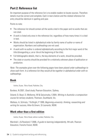 54 | Guide to assignment writing and referencing
Part 2: Reference list
An important purpose of the reference list is to enable readers to locate sources. Therefore
details must be correct and complete. Each in-text citation and the related reference list
entry should be identical in spelling and year.
Points to note:
•	 The reference list should contain all the works cited in the paper and no works that are
not cited.
•	 A work is listed only once in the reference list, regardless of how many times it is cited
in text.
•	 Works should be listed in alphabetical order by family name of author or name of
organisation. Numbers and subheadings are not used.
•	 A work with no author is ordered alphabetically according to the first major word of the
title (disregarding a, an or the at the beginning of the title).
•	 Full bibliographic details, that is, the key elements of a work, should be provided.
•	 The state or country should be provided for a relatively unknown place of publication or
production.
Note: The examples given over the following pages have been placed under subheadings to
show each form. In a reference list they would all be together in alphabetical order with no
subheadings.
Book
Author, B year, Title of book, Publisher, City.
Burdess, N 2007, Good study, Pearson Education, Sydney.
Osland, D, Boyd, D, McKenna, W  Salusinszky, I 2004, Writing in Australia: a composition
course for tertiary students, Thomson, Southbank, Vic.
Wallace, A, Schirato, T  Bright, P 1999, Beginning university: thinking, researching and
writing for success, Allen  Unwin, St Leonards, NSW.
Work other than a first edition
Author, B year, Title of book, edition number, Publisher, City.
Marshall, L  Rowland, F 2006, A guide to learning independently, 4th edn, Pearson
Education, Frenchs Forest, NSW.
 