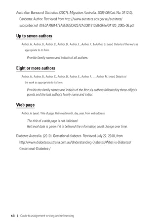68 | Guide to assignment writing and referencing
Australian Bureau of Statistics. (2007). Migration Australia, 2005-06 (Cat. No. 3412.0).
Canberra: Author. Retrieved from http://www.ausstats.abs.gov.au/ausstats/
subscriber.nsf /0/E0A79B147EA8E0B5CA2572AC001813E8/$File/34120_2005-06.pdf
Up to seven authors
Author, A., Author, B., Author, C., Author, D., Author, E., Author, F.,  Author, G. (year). Details of the work as
	 appropriate to its form.
Provide family names and initials of all authors.
Eight or more authors
Author, A., Author, B., Author, C., Author, D., Author, E., Author, F., … Author, M. (year). Details of
	 the work as appropriate to its form.
Provide the family names and initials of the first six authors followed by three ellipsis
points and the last author’s family name and initial.
Web page
Author, A. (year). Title of page. Retrieved month, day, year, from web address
The title of a web page is not italicised.
Retrieval date is given if it is believed the information could change over time.
Diabetes Australia. (2010). Gestational diabetes. Retrieved July 22, 2010, from
http://www.diabetesaustralia.com.au/Understanding-Diabetes/What-is-Diabetes/
Gestational-Diabetes-/
 