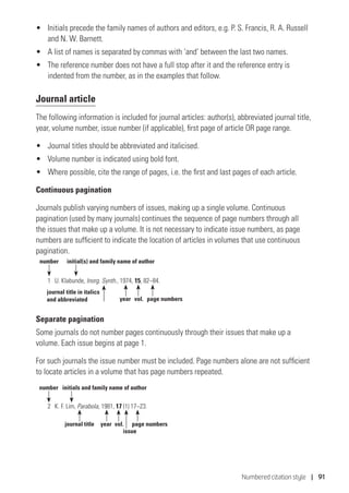 Numbered citation style | 91
•	 Initials precede the family names of authors and editors, e.g. P. S. Francis, R. A. Russell
and N. W. Barnett.
•	 A list of names is separated by commas with ‘and’ between the last two names.
•	 The reference number does not have a full stop after it and the reference entry is
indented from the number, as in the examples that follow.
Journal article
The following information is included for journal articles: author(s), abbreviated journal title,
year, volume number, issue number (if applicable), first page of article OR page range.
•	 Journal titles should be abbreviated and italicised.
•	 Volume number is indicated using bold font.
•	 Where possible, cite the range of pages, i.e. the first and last pages of each article.
Continuous pagination
Journals publish varying numbers of issues, making up a single volume. Continuous
pagination (used by many journals) continues the sequence of page numbers through all
the issues that make up a volume. It is not necessary to indicate issue numbers, as page
numbers are sufficient to indicate the location of articles in volumes that use continuous
pagination.
1	 U. Klabunde, Inorg. Synth., 1974, 15, 82–84.
Separate pagination
Some journals do not number pages continuously through their issues that make up a
volume. Each issue begins at page 1.
For such journals the issue number must be included. Page numbers alone are not sufficient
to locate articles in a volume that has page numbers repeated.
2	 K. F. Lim, Parabola, 1981, 17 (1) 17–23.
number initial(s) and family name of author
page numbersvol.year
journal title in italics
and abbreviated
number initials and family name of author
page numbersyear vol.
issue
journal title
 