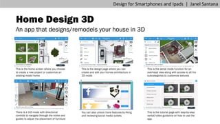 Home Design 3D
An app that designs/remodels your house in 3D
Design for Smartphones and Ipads | Janel Santana
This is the design page where you can
create and edit your homes architecture in
2D mode
This is the aerial mode function for an
overhead view along with access to all the
subcategories to customize textures
There is a 3-D mode with directional
controls to navigate through the home and
guides to adjust the placement of furniture
You can also unlock more features by liking
and reviewing social media outlets
This is the home screen where you choose
to create a new project or customize an
existing model home
This is the tutorial page with step-by-step
verbal/video guidance on how to use the
app
 