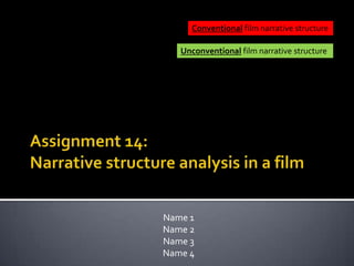 Conventional film narrative structure
Unconventional film narrative structure

Name 1
Name 2
Name 3
Name 4

 
