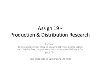 Assign 19 Production & Distribution Research
Purpose:
-to research similar films to know what type of production
and distribution companies you want to potentially use for
your film

-task should take you around 30 mins

 