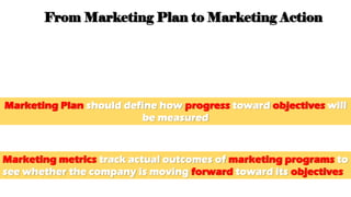 From Marketing Plan to Marketing Action
Marketing Plan should define how progress toward objectives will
be measured
Marketing metrics track actual outcomes of marketing programs to
see whether the company is moving forward toward its objectives
 