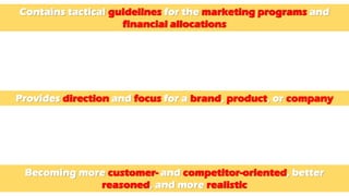 Provides direction and focus for a brand, product, or company
Becoming more customer- and competitor-oriented, better
reasoned, and more realistic
Contains tactical guidelines for the marketing programs and
financial allocations
 