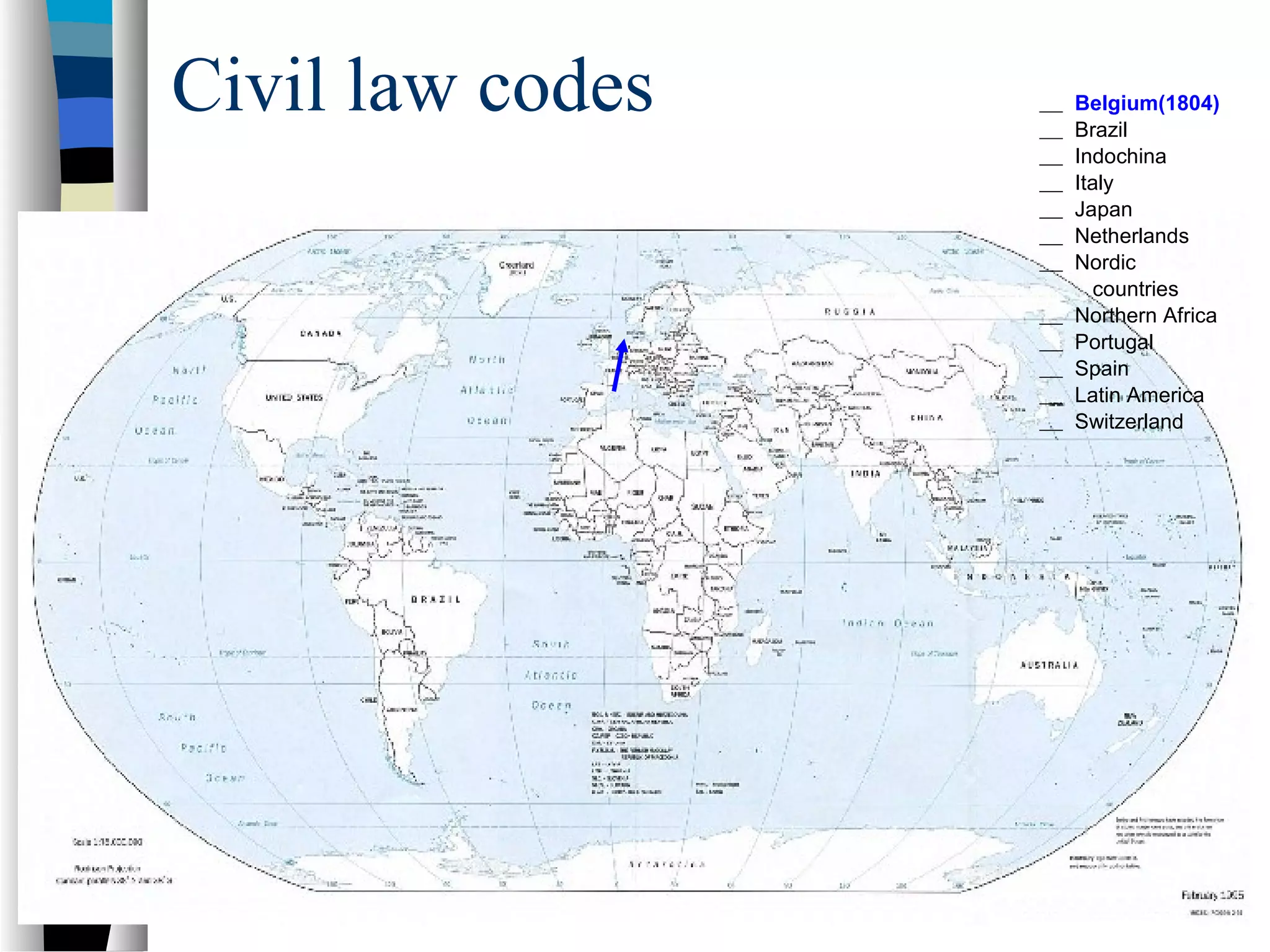 Civil law codes Belgium(1804)
Brazil
Indochina
Italy
Japan
Netherlands
Nordic
countries
Northern Africa
Portugal
Spain
Latin America
Switzerland
 