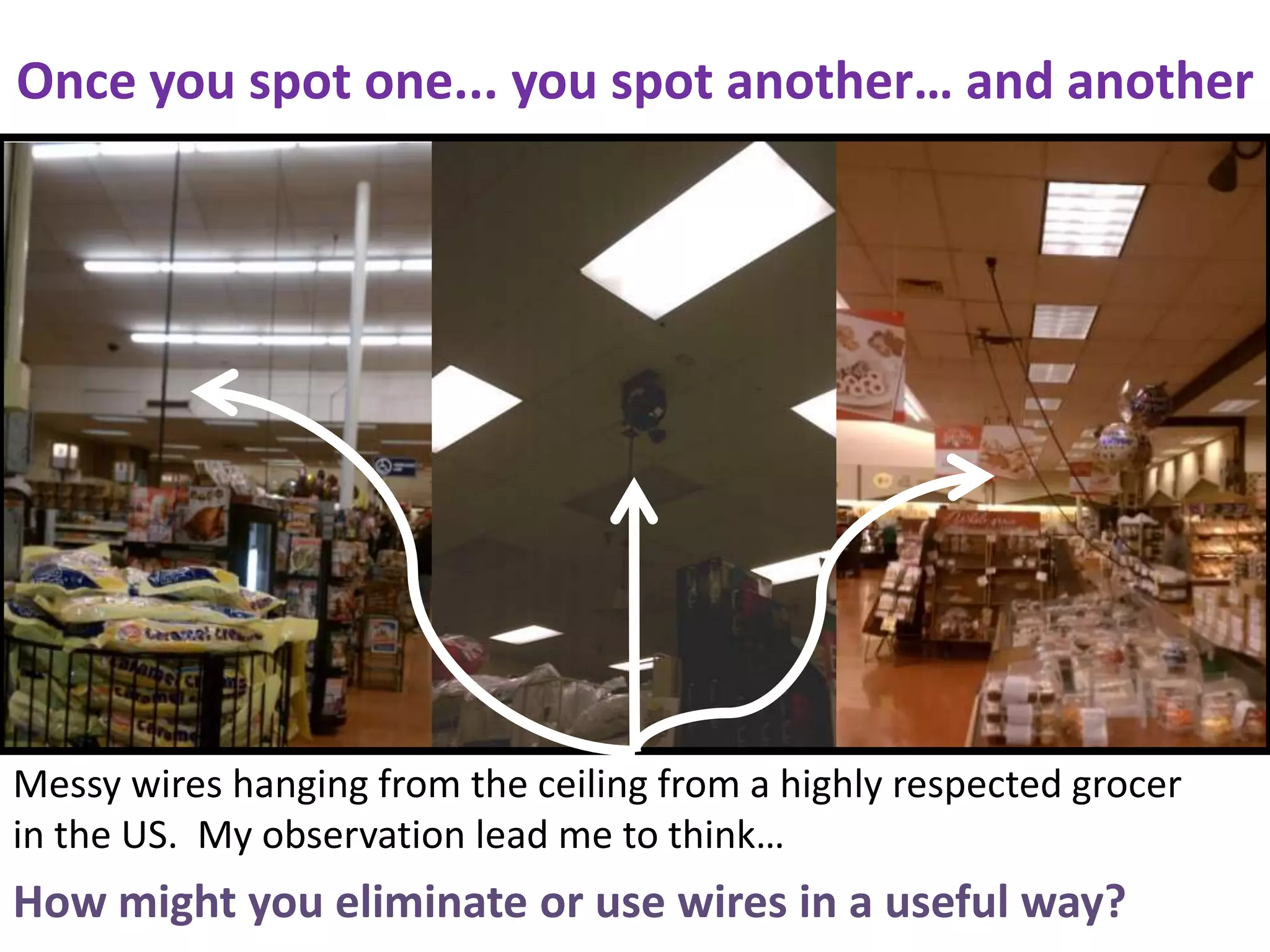 Once you spot one... you spot another… and another




Messy wires hanging from the ceiling from a highly respected grocer
in the US. My observation lead me to think…
How might you eliminate or use wires in a useful way?
 