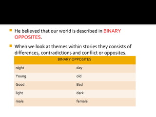    He believed that our world is described in BINARY
    OPPOSITES.
   When we look at themes within stories they consists of
    differences, contradictions and conflict or opposites.
                       BINARY OPPOSITES

    night                       day

    Young                       old

    Good                        Bad

    light                       dark

    male                        female
 