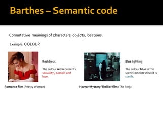 Barthes – Semantic code

   Connotative meanings of characters, objects, locations.

   Example: COLOUR



                         Red dress                                                     Blue lighting

                         The colour red represents                                     The colour blue in this
                         sexuality, passion and                                        scene connotes that it is
                         love.                                                         sterile.


Romance film (Pretty Woman)                          Horror/Mystery/Thriller film (The Ring)
 