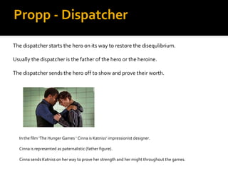 Propp - Dispatcher
The dispatcher starts the hero on its way to restore the disequlibrium.

Usually the dispatcher is the father of the hero or the heroine.

The dispatcher sends the hero off to show and prove their worth.




  In the film ‘The Hunger Games ‘ Cinna is Katniss’ impressionist designer.

  Cinna is represented as paternalistic (father figure).

  Cinna sends Katniss on her way to prove her strength and her might throughout the games.
 