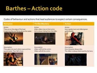 Codes of behaviour and actions that lead audiences to expect certain consequences.
Romance                                      Thriller/Mystery                        Action
Action:                                      Action:                                 Action:
They are on the edge of the boat             Killer/ villain tries to find victim.   Hero (spiderman) and villain(green
imagining they are flying above the water.   Girl is shown hiding from the killer.   goblin)battle.




Assumption:                                  Assumption:                             Assumption:
They gaze into each others eyes and kiss     Villain will find the victim.           One character always dies.
passionately. Then fall in love.             Villain will kill the victim.           The villain is always destroyed by the hero.
 