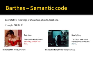 Connotative meanings of characters, objects, locations.

   Example: COLOUR



                         Red dress                                                     Blue lighting

                         The colour red represents                                     The colour blue in this
                         sexuality, passion and                                        scene connotes that it is
                         love.                                                         sterile.


Romance film (Pretty Woman)                          Horror/Mystery/Thriller film (The Ring)
 