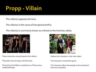 The villain(s) opposes the hero.

     The villain(s) is the cause of disruption/conflict.

     The villain(s) is commonly known as a threat to the heroines safety.




These characters are portrayed as the villains.         I believe this character is the main villain.

They look more stronger and dominant.                   This character invented the game.

They look at the fellow competitors as if they were a   This character allows the people to die and doesn’t
meal(weaklings).                                        show any sympathy.
 