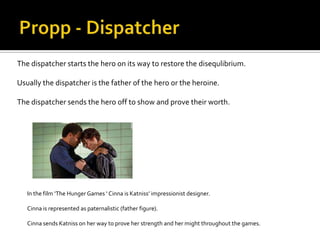 The dispatcher starts the hero on its way to restore the disequlibrium.

Usually the dispatcher is the father of the hero or the heroine.

The dispatcher sends the hero off to show and prove their worth.




   In the film ‘The Hunger Games ‘ Cinna is Katniss’ impressionist designer.

   Cinna is represented as paternalistic (father figure).

   Cinna sends Katniss on her way to prove her strength and her might throughout the games.
 