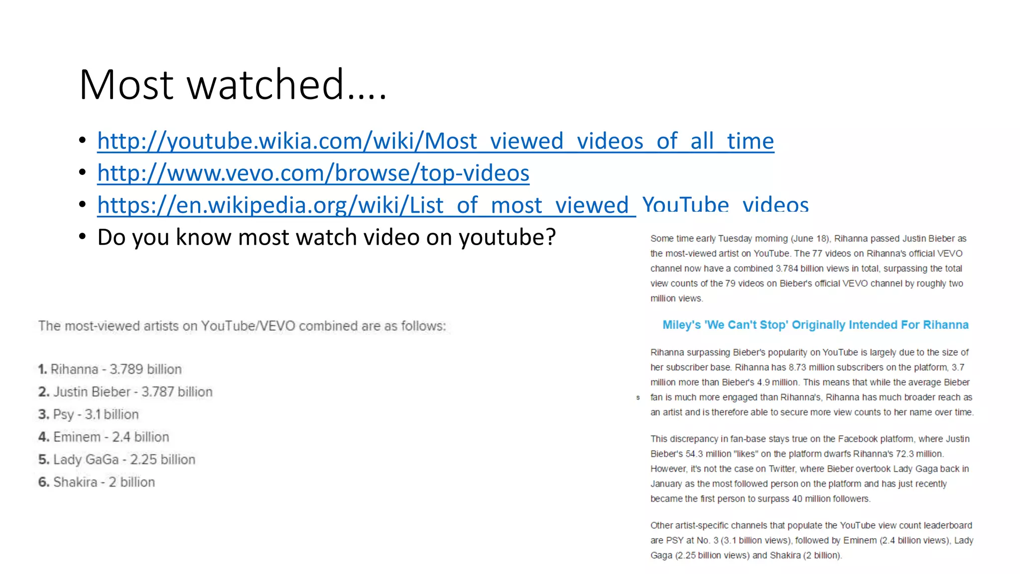 Most watched….
• http://youtube.wikia.com/wiki/Most_viewed_videos_of_all_time
• http://www.vevo.com/browse/top-videos
• https://en.wikipedia.org/wiki/List_of_most_viewed_YouTube_videos
• Do you know most watch video on youtube?
 