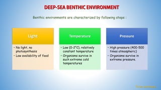 Light
• No light, no
photosynthesis
• Low availability of food
Temperature
• Low (0-2°C), relatively
constant temperature
• Organisms survive in
such extreme cold
temperatures
Pressure
• High pressure (400-500
times atmospheric)
• Organisms survive in
extreme pressure.
To be continued...
Benthic environments are characterized by following steps :
 