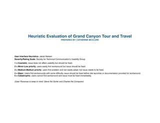 Heuristic Evaluation of Grand Canyon Tour and Travel
PREPARED BY: CATHERINE MCCLURE
User Interface Heuristics: Jakob Nielsen
Severity/Rating Scale: Society for Technical Communication's Usability Group
1 = Cosmetic; issue does not affect usability but should be ﬁxed.
2 = Minor-Low priority; users easily ﬁnd workaround but issue should be ﬁxed.
3 = Medium-Medium priority; users ﬁnd problem and can easily adapt, but issue needs to be ﬁxed.
4 = Major; Users ﬁnd workarounds with some difﬁculty, issue should be ﬁxed before site launches or documentation provided for workaround.  
5 = Catastrophic; users cannot ﬁnd workaround and issue must be ﬁxed immediately. 
(User Personas to keep in mind: Steve the Sorter and Charles the Comparer) 
 
