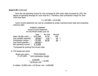 Case 6-35 (continued)
      Since the net operating income for July increased by 50% when sales increased by 10%, the
    degree of operating leverage for June must be 5. Therefore, total contribution margin for June
    must have been:
                                           5 × $27,000 = $135,000.
      June’s income statement can now be completed by simply inserting known data and computing
    unknown data:
                           PYRRHIC COMPANY
                        Actual Income Statement
                      For the Month Ended June 30
                                   Total    Per Unit  Percent
    Sales (30,000 units)......   $225,000     $7.50     100
    Less variable expenses. .      90,000 *    3.00 *     40 *
    Contribution margin......     135,000    $4.50        60 *
    Less fixed expenses.......    108,000 *
    Net operating income....     $ 27,000
     *Computed by working from known data.

  b. The break-even point:
        Break-even point =      Fixed expenses
          in unit sales    Unit contribution margin

                               $108,000
                         =                  = 24,000
                             $4.50 per unit
     In dollars: 24,000 units × $7.50 per unit = $180,000

                                                                       17
 