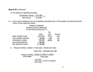 Case 6-35 (continued)
  d. The degree of operating leverage:
                Contribution margin $135,000
                                   =         =5
                   Net income        $27,000

2. a. July’s income statement can be completed using data given in the problem and data derived for
      June’s income statement above:
                             PYRRHIC COMPANY
                         Projected Income Statement
                         For the Month Ended July 31
                                                       Per
                                            Total      Unit        Percent
       Sales (33,000 units)                $247,500    $7.50         100
       Less variable expenses                99,000     3.00           40
       Contribution margin                  148,500    $4.50           60
       Less fixed expenses                  108,000
       Net operating income               $  40,500

  b.    Margin of safety in dollars =Total sales - Break-even sales

                                   =$247,500 - $180,000=$67,500

                  Margin of safety = Margin of safety in dollars
                    percentage              Total sales
                                        $67,500
                                   =            =27.3% (rounded)
                                       $247,500

                                                                             19
 