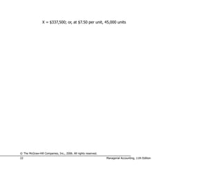 X = $337,500; or, at $7.50 per unit, 45,000 units




© The McGraw-Hill Companies, Inc., 2006. All rights reserved.
22                                                              Managerial Accounting, 11th Edition
 