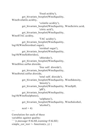 'fixed acidity'),
get_bivariate_boxplot(Wine$quality,
Wine$volatile.acidity,
'volatile acidity'),
get_bivariate_boxplot(Wine$quality, Wine$citric.acid,
'citric acid'),
get_bivariate_boxplot(Wine$quality,
Wine$TAC.acidity,
'TAC acidity'),
get_bivariate_boxplot(Wine$quality,
log10(Wine$residual.sugar),
'residual sugar'),
get_bivariate_boxplot(Wine$quality,
log10(Wine$chlorides),
'chlorides'),
get_bivariate_boxplot(Wine$quality,
Wine$free.sulfur.dioxide,
'free sulf. dioxide'),
get_bivariate_boxplot(Wine$quality,
Wine$total.sulfur.dioxide,
'total sulf. dioxide'),
get_bivariate_boxplot(Wine$quality, Wine$density,
'density'),
get_bivariate_boxplot(Wine$quality, Wine$pH,
'pH'),
get_bivariate_boxplot(Wine$quality,
log10(Wine$sulphates),
'sulphates'),
get_bivariate_boxplot(Wine$quality, Wine$alcohol,
'alcohol'),
ncol = 4)
```
Correlation for each of these
variables against quality:
```{r,message=FALSE,warning=FALSE}
simple_cor_test <- function(x, y) {
 