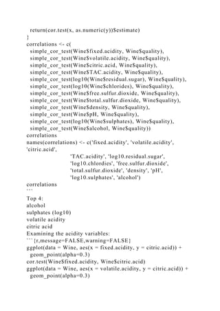 return(cor.test(x, as.numeric(y))$estimate)
}
correlations <- c(
simple_cor_test(Wine$fixed.acidity, Wine$quality),
simple_cor_test(Wine$volatile.acidity, Wine$quality),
simple_cor_test(Wine$citric.acid, Wine$quality),
simple_cor_test(Wine$TAC.acidity, Wine$quality),
simple_cor_test(log10(Wine$residual.sugar), Wine$quality),
simple_cor_test(log10(Wine$chlorides), Wine$quality),
simple_cor_test(Wine$free.sulfur.dioxide, Wine$quality),
simple_cor_test(Wine$total.sulfur.dioxide, Wine$quality),
simple_cor_test(Wine$density, Wine$quality),
simple_cor_test(Wine$pH, Wine$quality),
simple_cor_test(log10(Wine$sulphates), Wine$quality),
simple_cor_test(Wine$alcohol, Wine$quality))
correlations
names(correlations) <- c('fixed.acidity', 'volatile.acidity',
'citric.acid',
'TAC.acidity', 'log10.residual.sugar',
'log10.chlordies', 'free.sulfur.dioxide',
'total.sulfur.dioxide', 'density', 'pH',
'log10.sulphates', 'alcohol')
correlations
```
Top 4:
alcohol
sulphates (log10)
volatile acidity
citric acid
Examining the acidity variables:
```{r,message=FALSE,warning=FALSE}
ggplot(data = Wine, aes(x = fixed.acidity, y = citric.acid)) +
geom_point(alpha=0.3)
cor.test(Wine$fixed.acidity, Wine$citric.acid)
ggplot(data = Wine, aes(x = volatile.acidity, y = citric.acid)) +
geom_point(alpha=0.3)
 