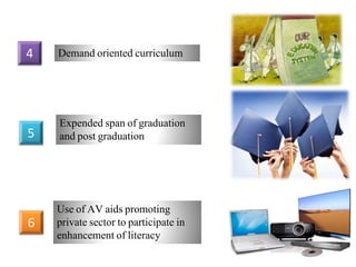 Demand oriented curriculum4
Expended span of graduation
and post graduation5
Use of AV aids promoting
private sector to participate in
enhancement of literacy
6
 