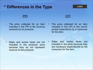 * Differences in the Type PPI The price collected for an item included in the PPI is the revenue received by its producer.  Sales and excise taxes are not included in the producer price because they do not represent revenue to the producer.  CPI The price collected for an item included in the CPI is the out-of-pocket expenditure by a consumer for the item.  Sales and excise taxes are included in the price because they are necessary expenditures by the consumer for the item. 