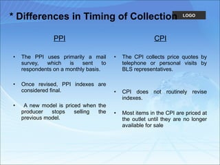 * Differences in Timing of Collection PPI The PPI uses primarily a mail survey, which is sent to respondents on a monthly basis. Once revised, PPI indexes are considered final.  A new model is priced when the producer stops selling the previous model.  CPI The CPI collects price quotes by telephone or personal visits by BLS representatives.  CPI does not routinely revise indexes.  Most items in the CPI are priced at the outlet until they are no longer available for sale 